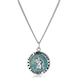 Amazon Collection Men’s Sterling Silver Round St. Christopher Pendant with Blue Background and Rhodium Plated Stainless Steel Chain, 20