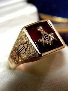 Buy Vintage 10K Yellow Gold Masonic Ring, 6.97g, Red Ruby, 2 Diamonds, Size 11.5