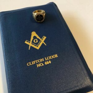 Masonic Illustrated Edition Temple The Holy Bible The Great Light in Mid-Century Blue Masonry with Masonic Ring